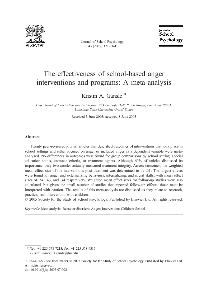 The effectiveness of school-based anger interventions and programs: A meta-analysis