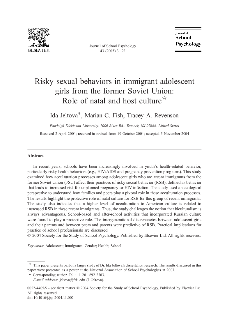 Risky sexual behaviors in immigrant adolescent girls from the former Soviet Union: Role of natal and host culture