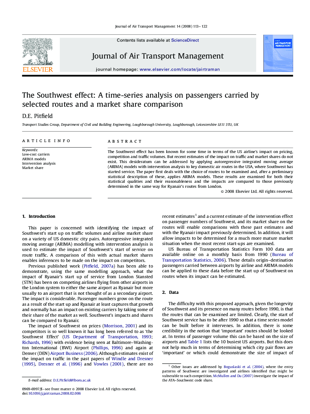 The Southwest effect: A time-series analysis on passengers carried by selected routes and a market share comparison