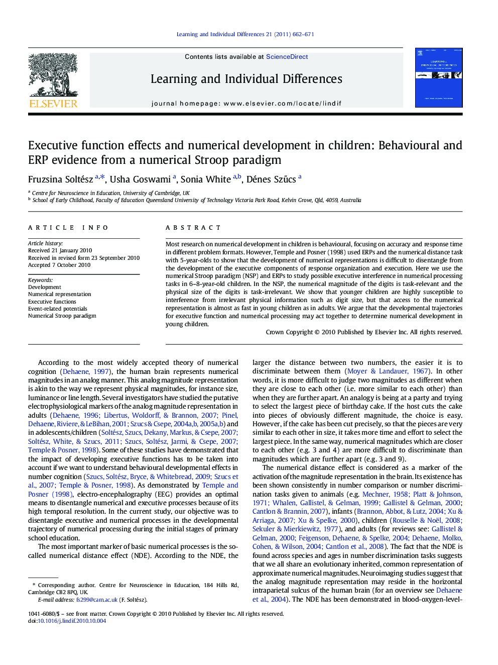 Executive function effects and numerical development in children: Behavioural and ERP evidence from a numerical Stroop paradigm