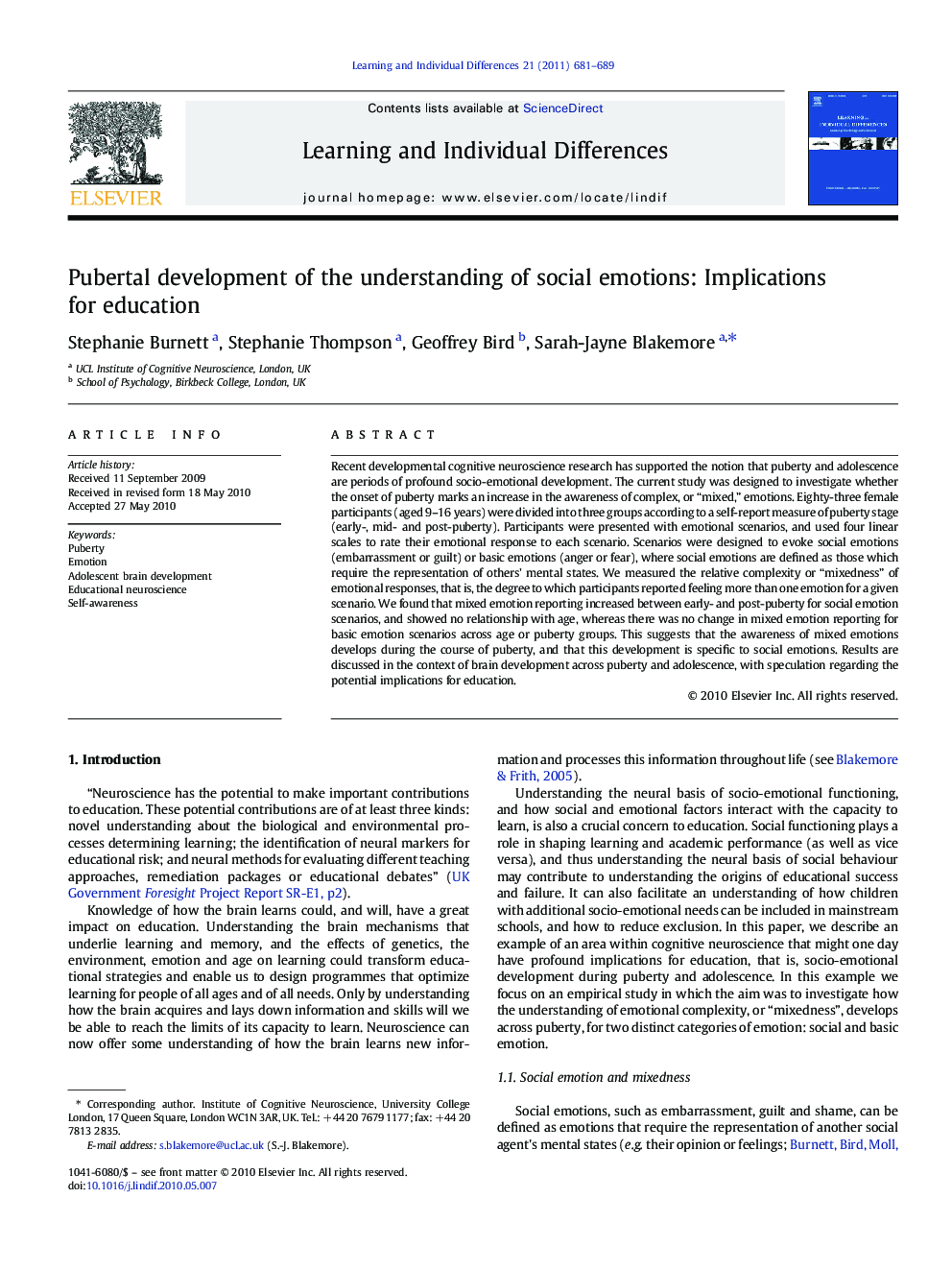 Pubertal development of the understanding of social emotions: Implications for education