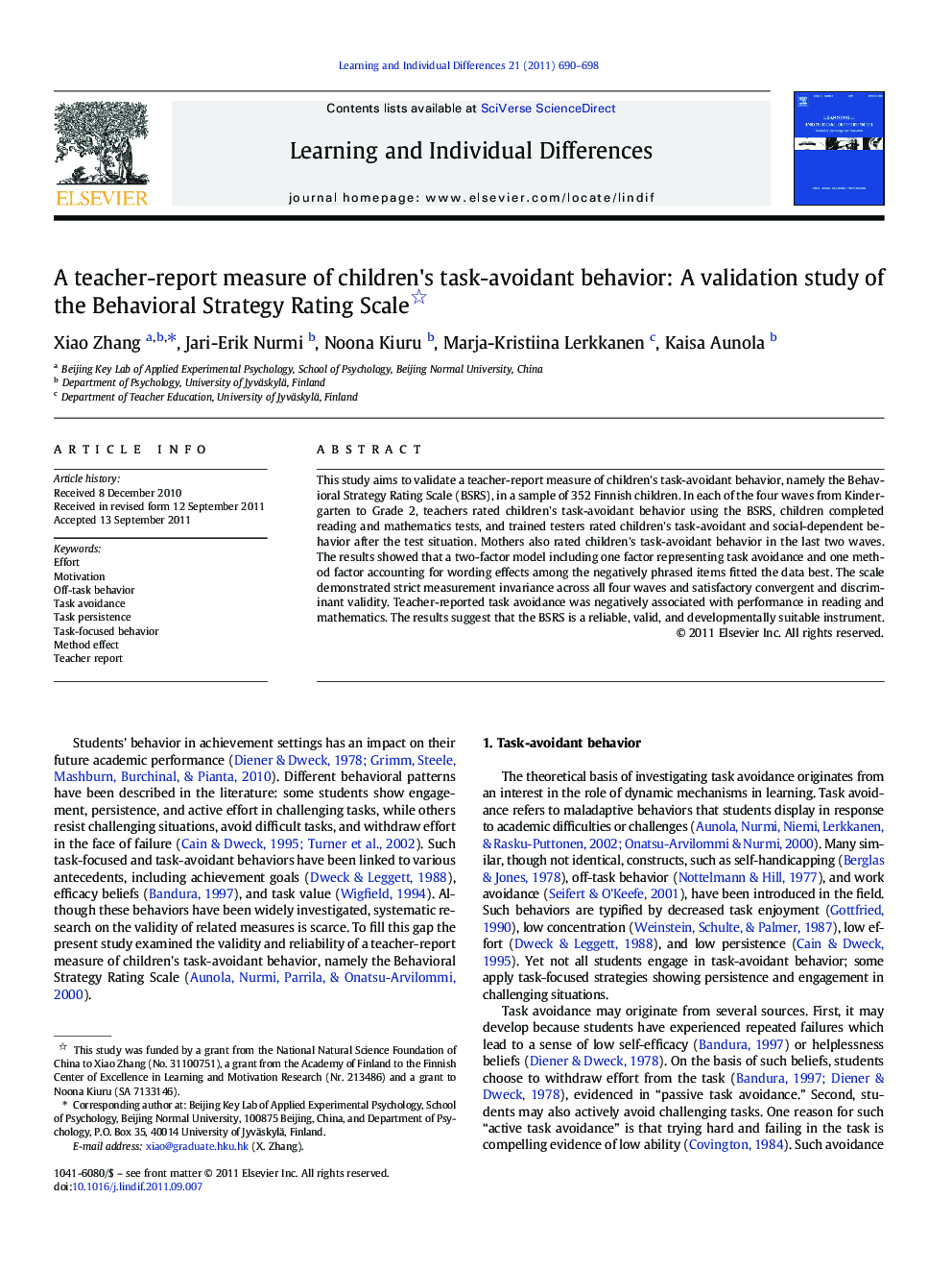 A teacher-report measure of children's task-avoidant behavior: A validation study of the Behavioral Strategy Rating Scale