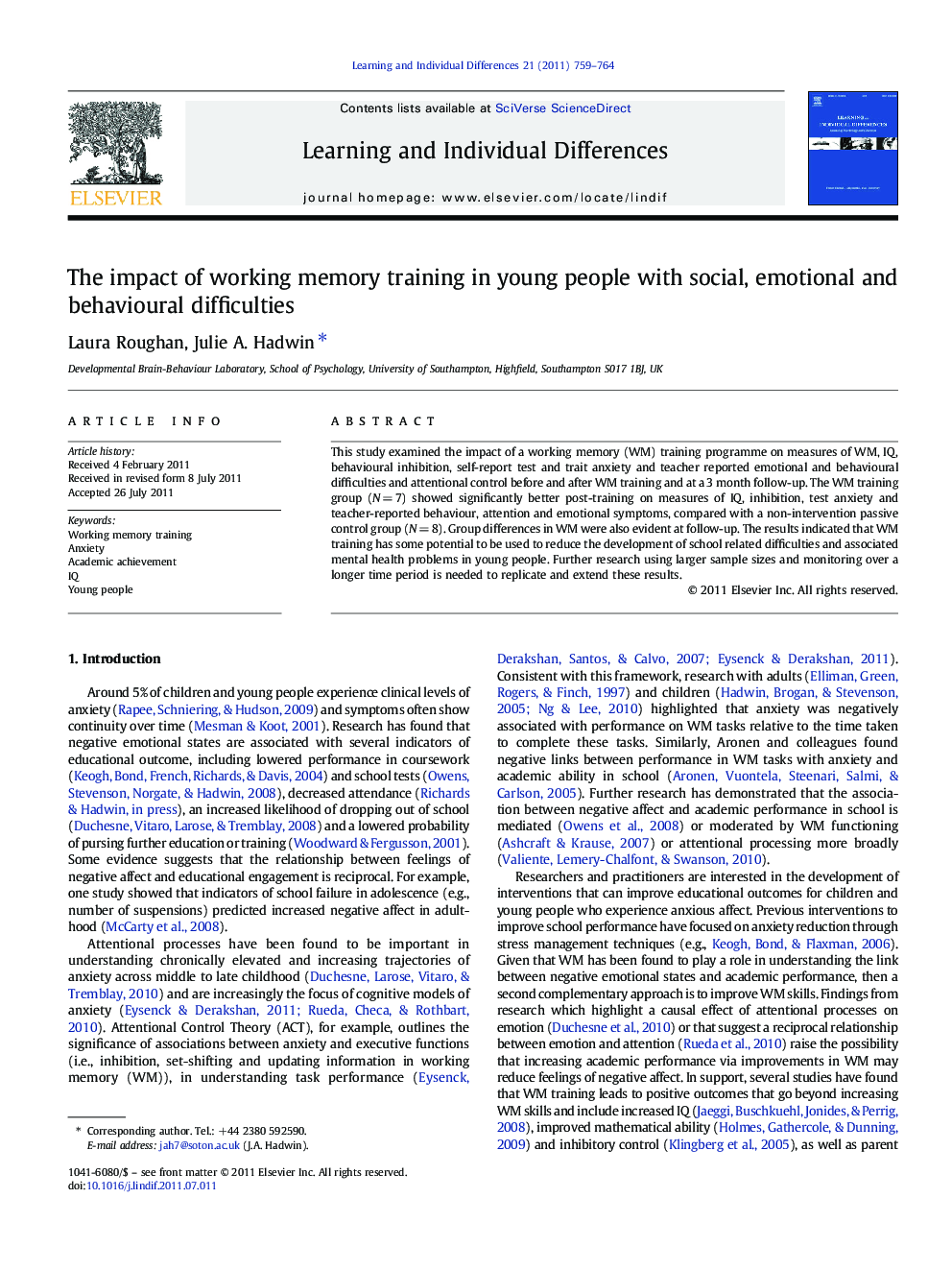 عکس صفحه اول مقاله: The impact of working memory training in young people with social, emotional and behavioural difficulties The impact of working memory training in young people with social, emotional and behavioural difficulties