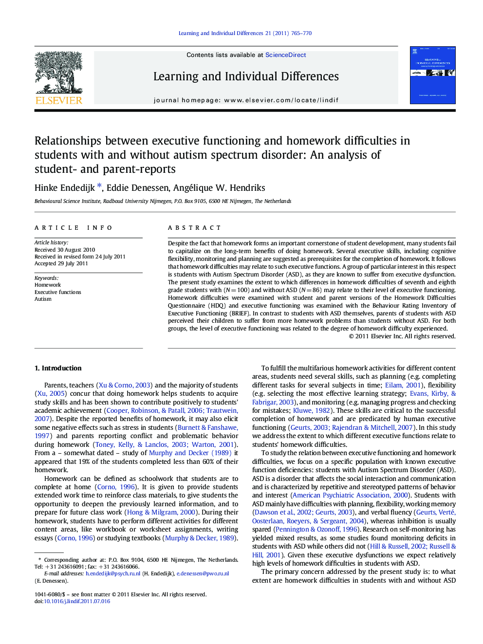 Relationships between executive functioning and homework difficulties in students with and without autism spectrum disorder: An analysis of student- and parent-reports