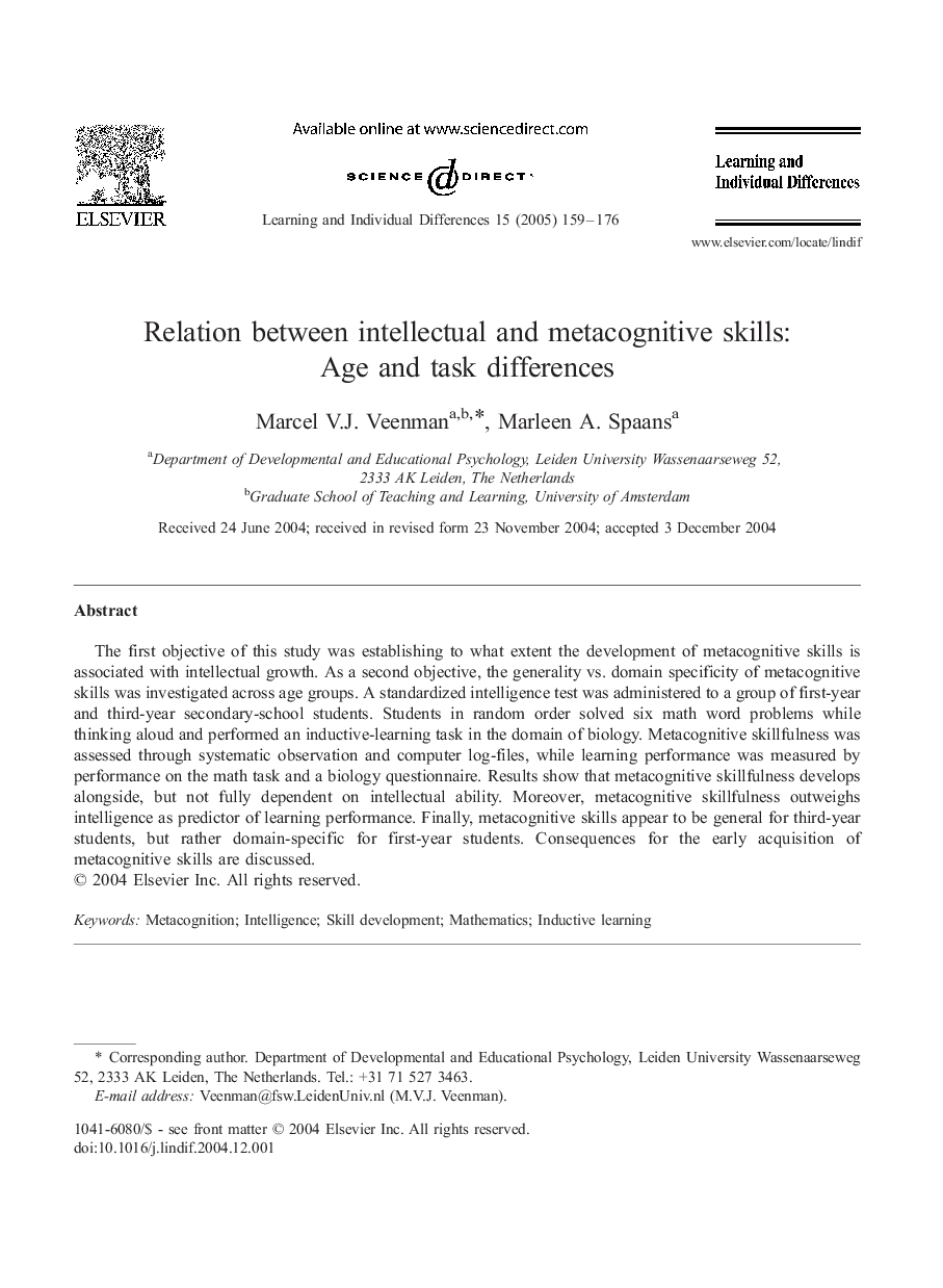 Relation between intellectual and metacognitive skills: Age and task differences