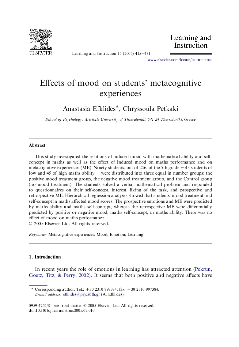 Effects of mood on students' metacognitive experiences