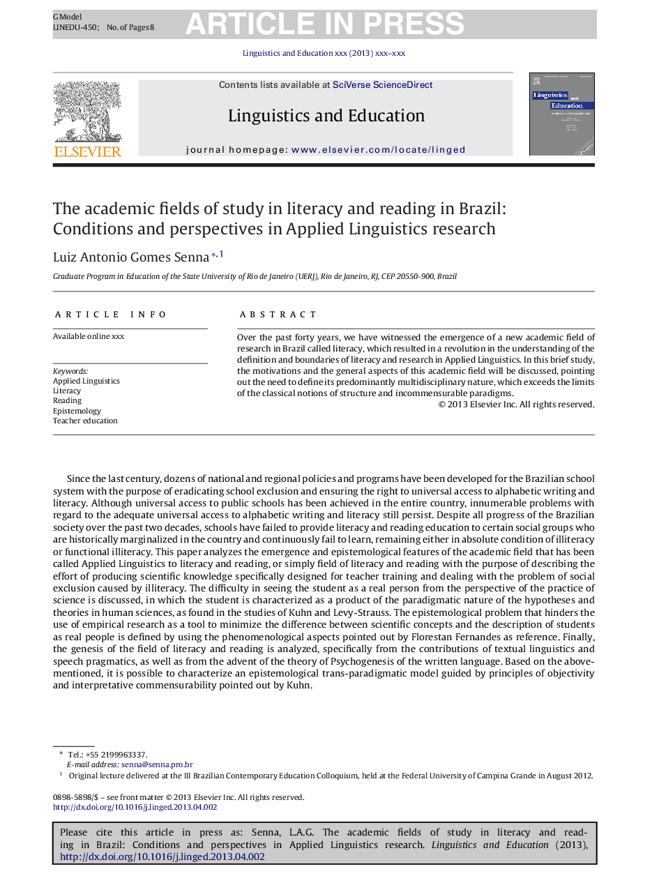 The academic fields of study in literacy and reading in Brazil: Conditions and perspectives in Applied Linguistics research