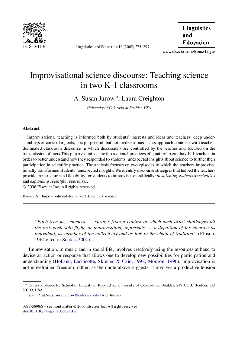 Improvisational science discourse: Teaching science in two K-1 classrooms