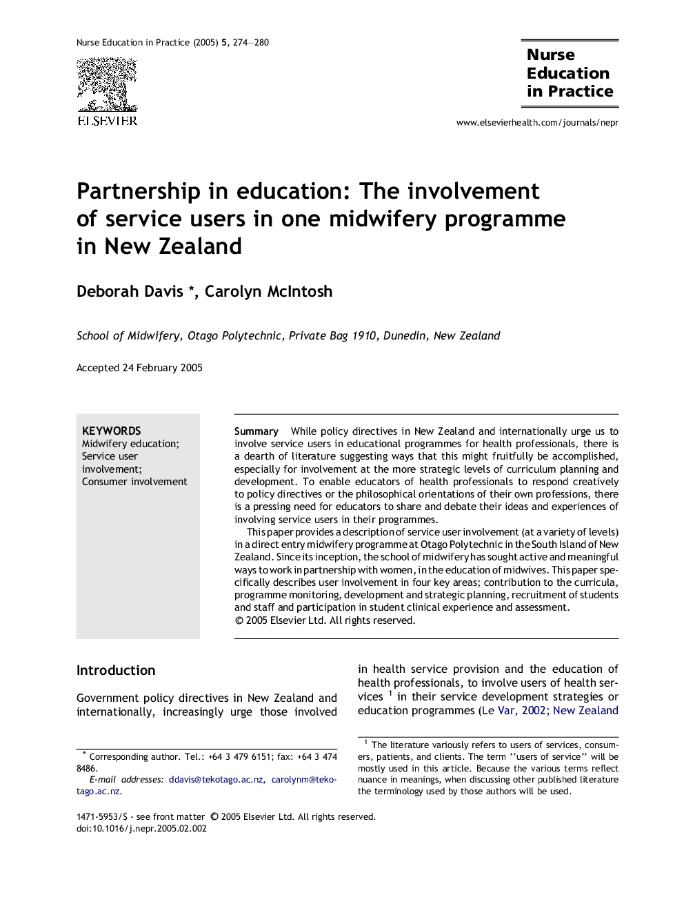 Partnership in education: The involvement of service users in one midwifery programme in New Zealand