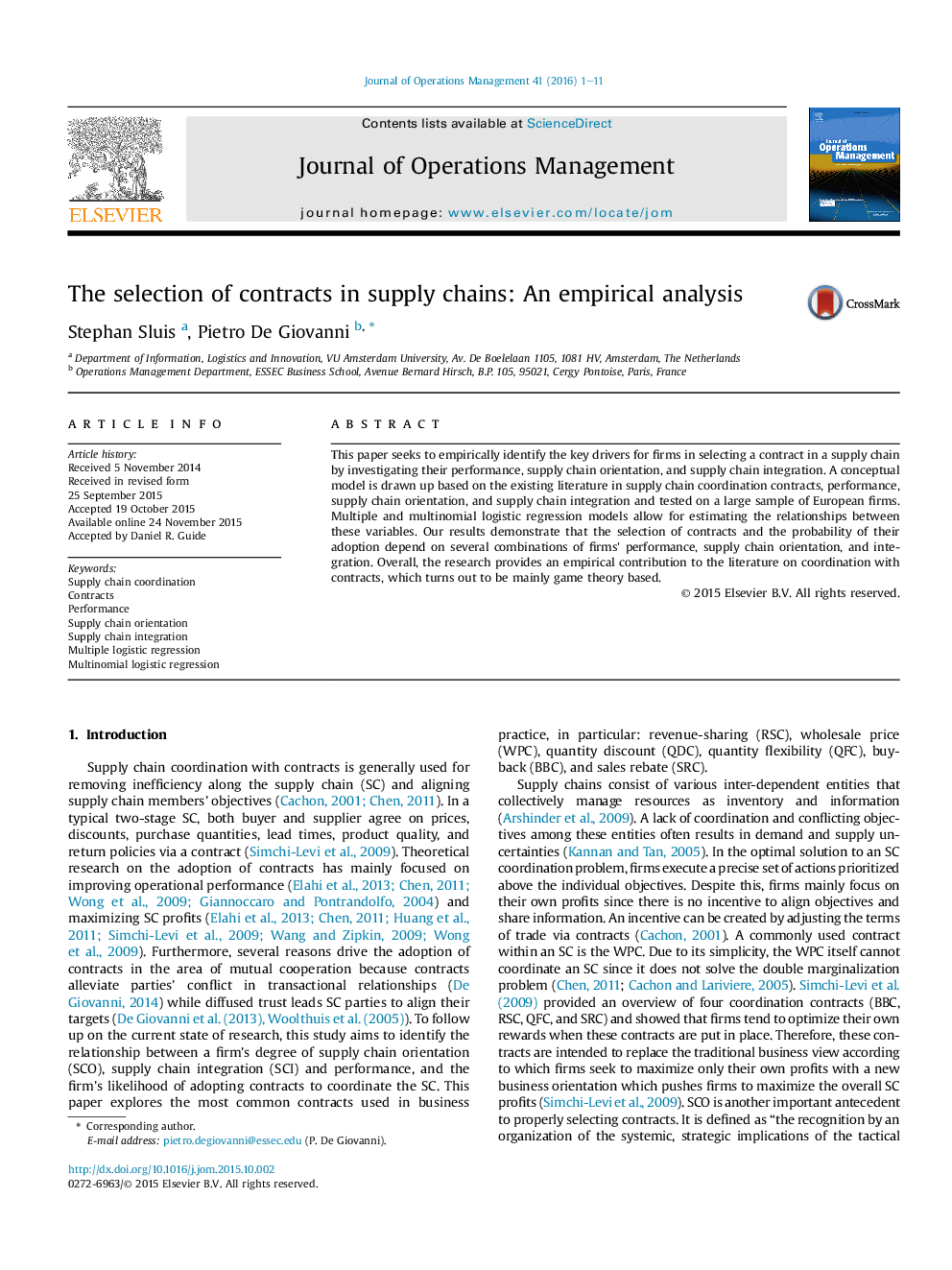 The selection of contracts in supply chains: An empirical analysis