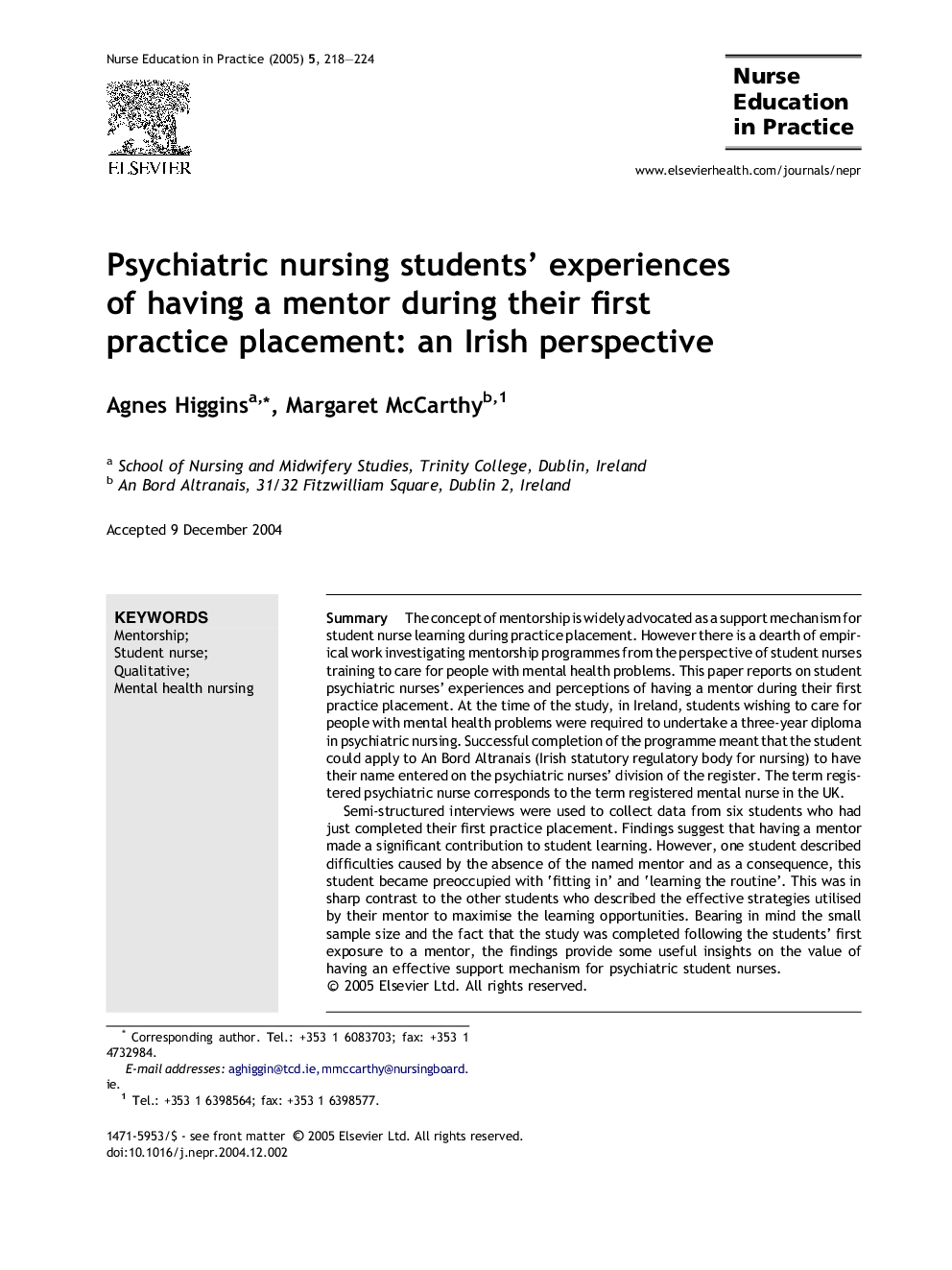 Psychiatric nursing students' experiences of having a mentor during their first practice placement: an Irish perspective