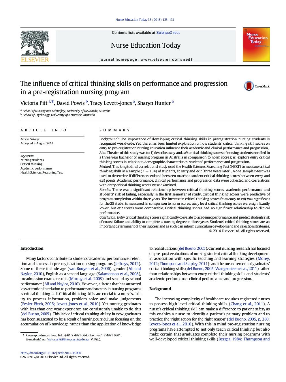 The influence of critical thinking skills on performance and progression in a pre-registration nursing program