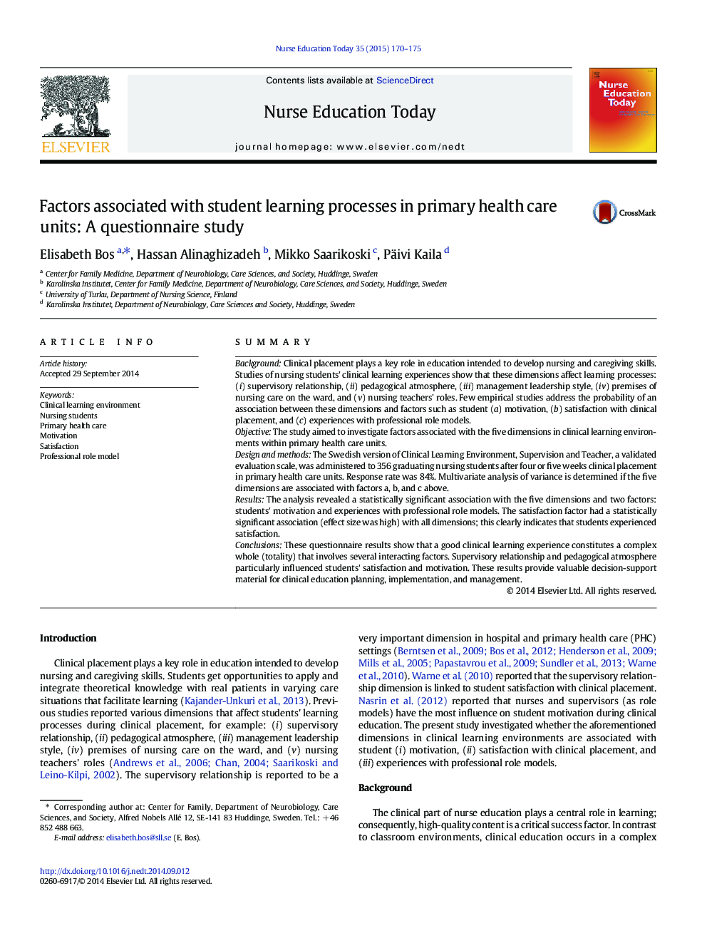 Factors associated with student learning processes in primary health care units: A questionnaire study