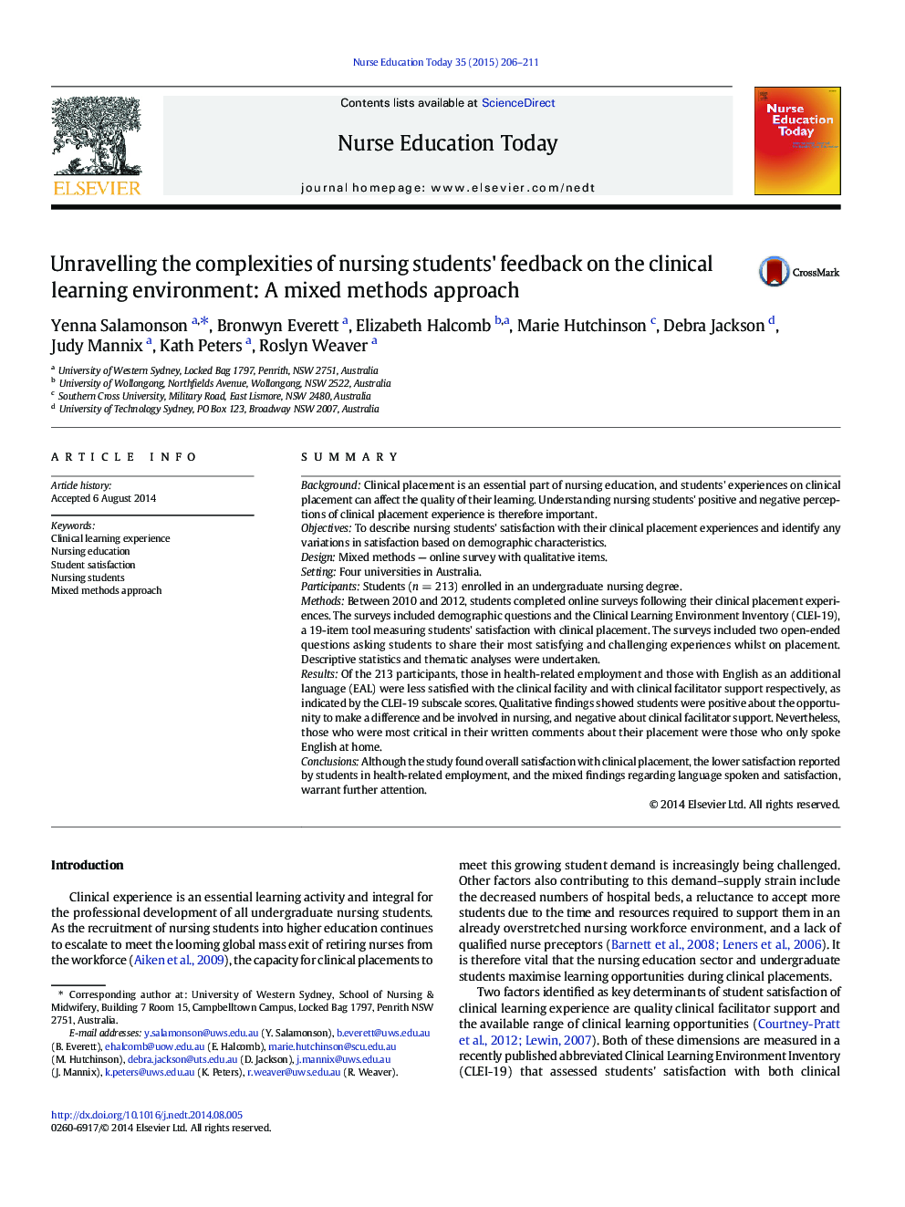 Unravelling the complexities of nursing students' feedback on the clinical learning environment: A mixed methods approach