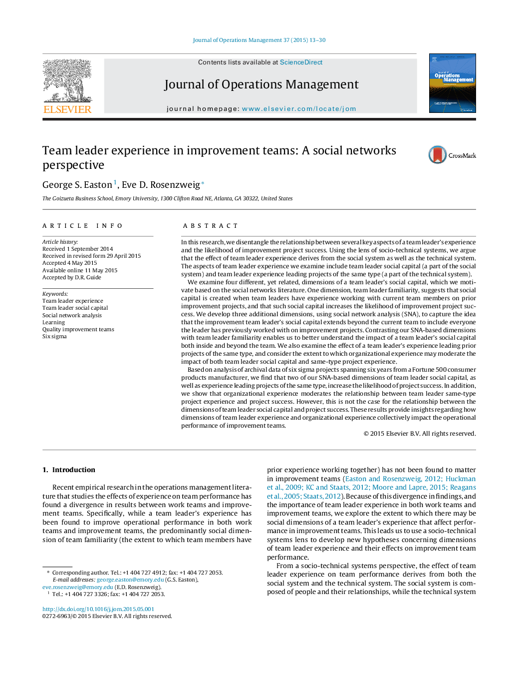 Team leader experience in improvement teams: A social networks perspective