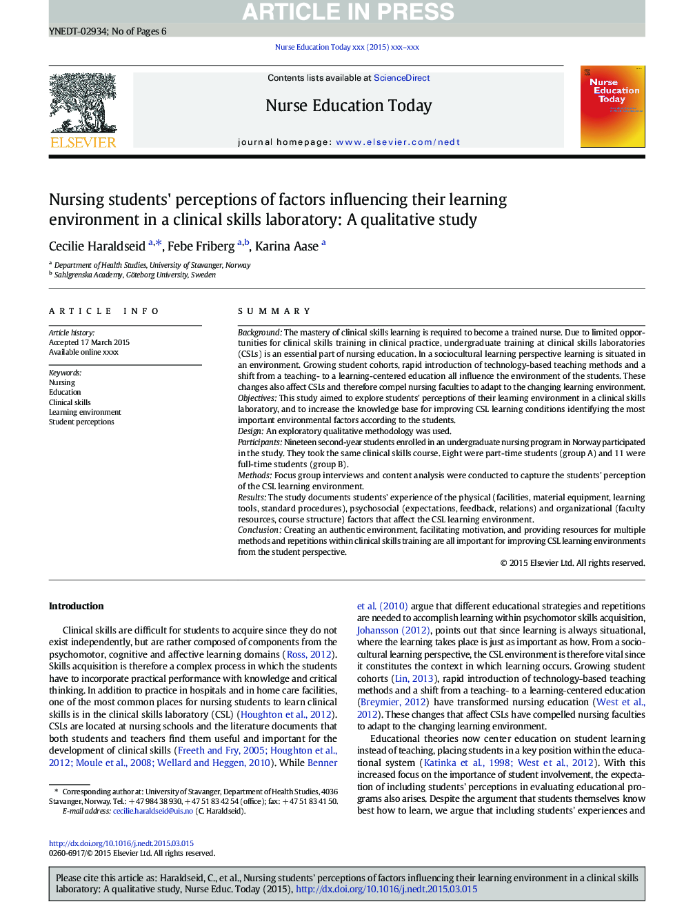 Nursing students' perceptions of factors influencing their learning environment in a clinical skills laboratory: A qualitative study