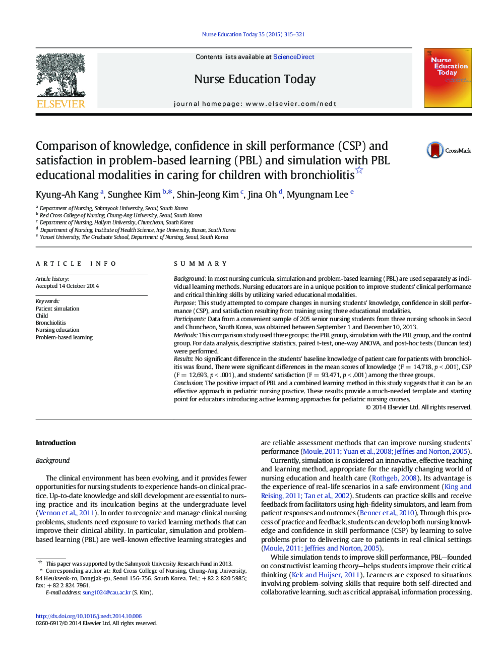 Comparison of knowledge, confidence in skill performance (CSP) and satisfaction in problem-based learning (PBL) and simulation with PBL educational modalities in caring for children with bronchiolitis