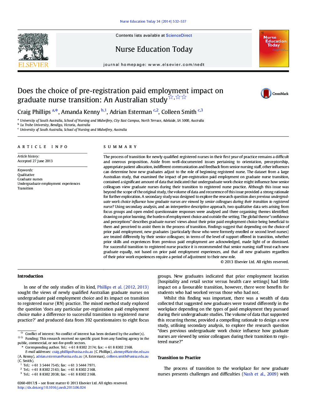 Does the choice of pre-registration paid employment impact on graduate nurse transition: An Australian study