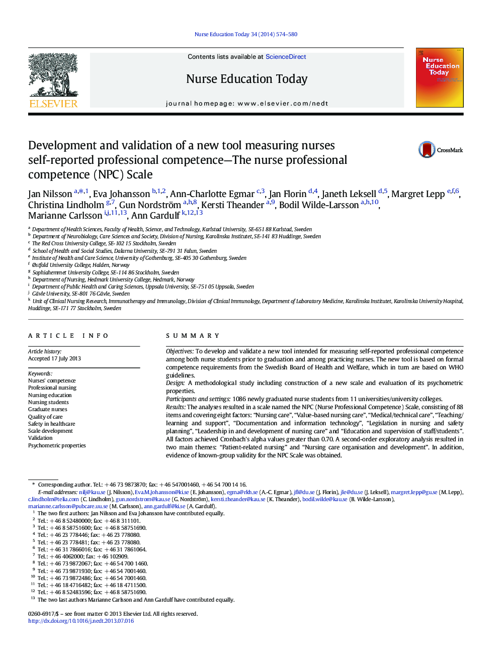 Development and validation of a new tool measuring nurses self-reported professional competence-The nurse professional competence (NPC) Scale