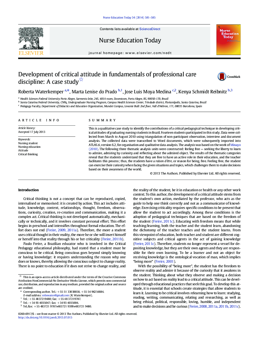 Development of critical attitude in fundamentals of professional care discipline: A case study