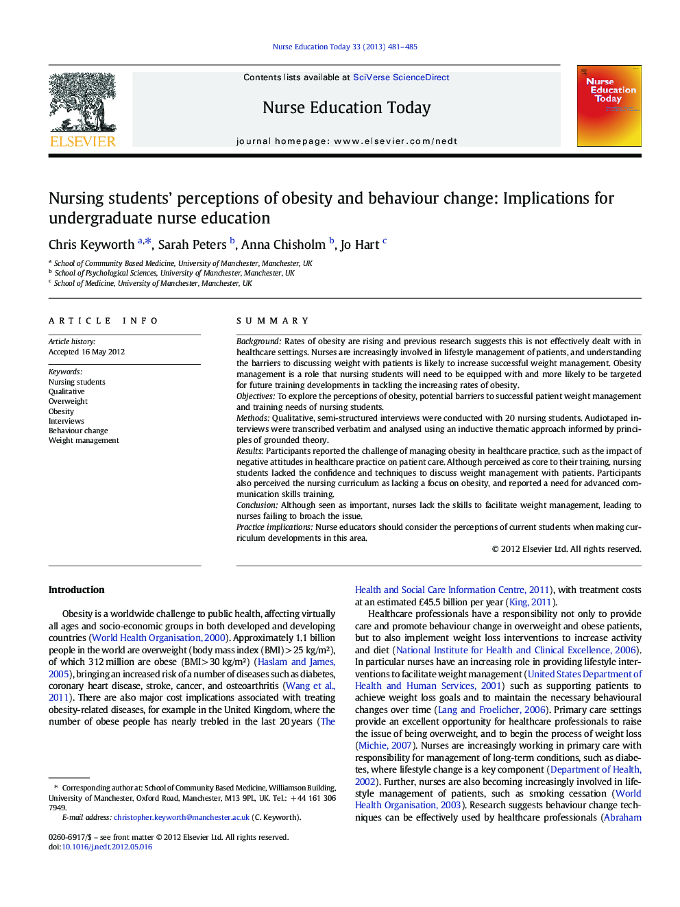 Nursing students' perceptions of obesity and behaviour change: Implications for undergraduate nurse education