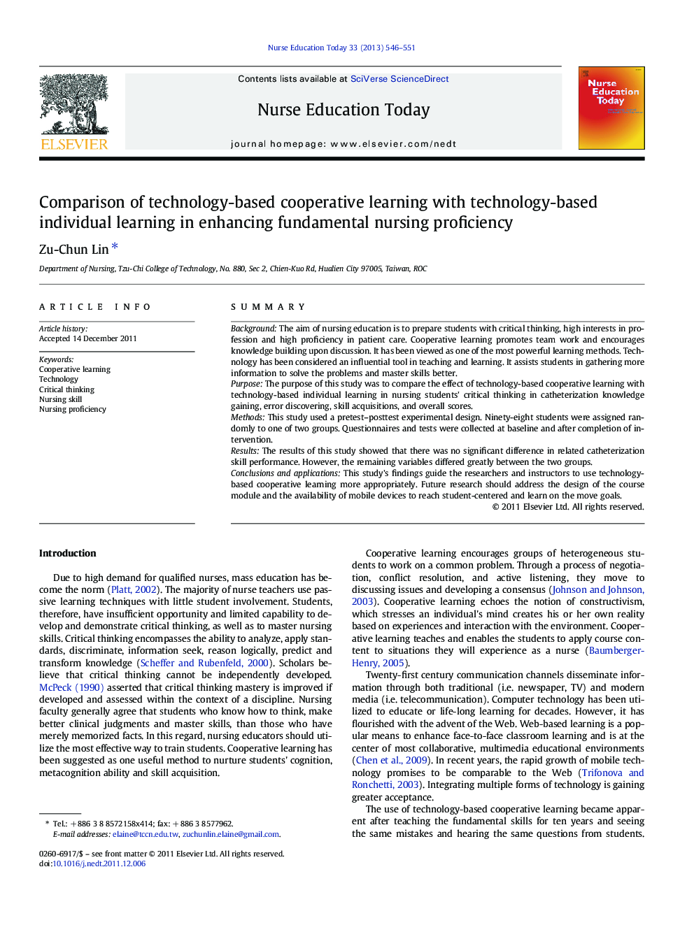 Comparison of technology-based cooperative learning with technology-based individual learning in enhancing fundamental nursing proficiency