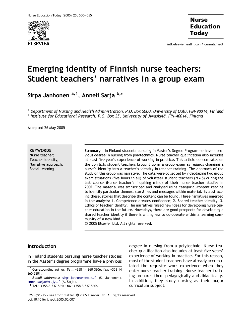 Emerging identity of Finnish nurse teachers: Student teachers' narratives in a group exam