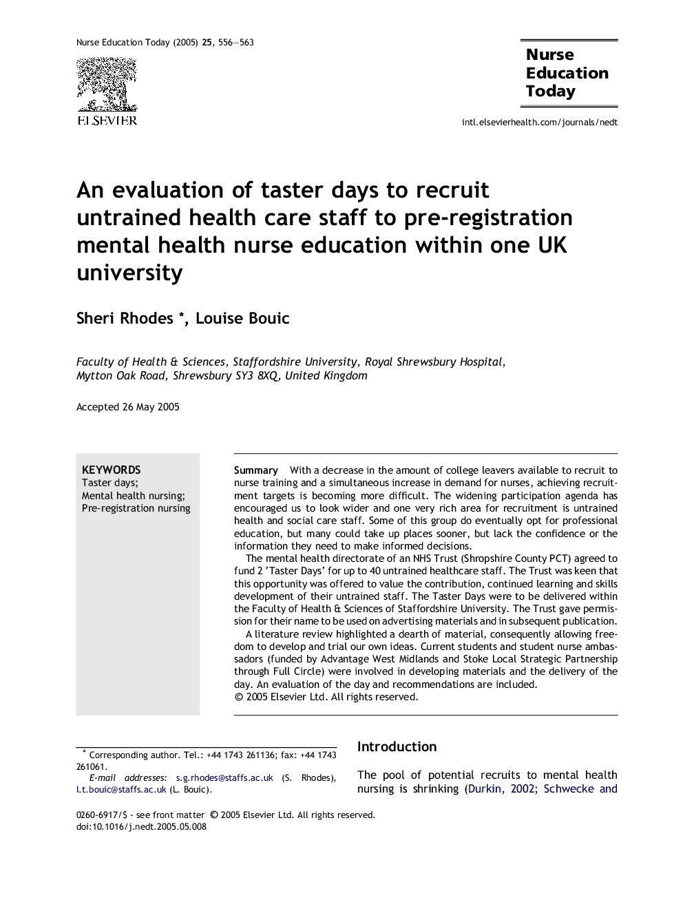 An evaluation of taster days to recruit untrained health care staff to pre-registration mental health nurse education within one UK university