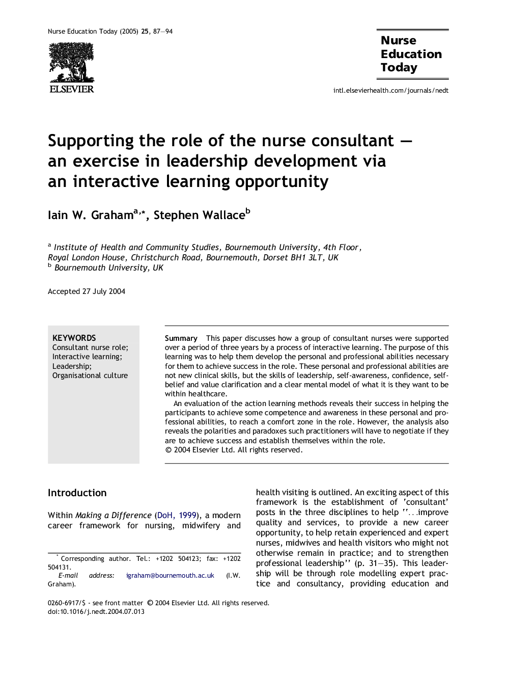 Supporting the role of the nurse consultant - an exercise in leadership development via an interactive learning opportunity