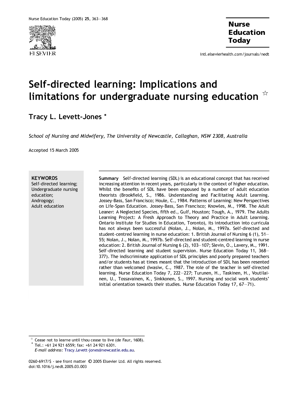 Self-directed learning: Implications and limitations for undergraduate nursing education