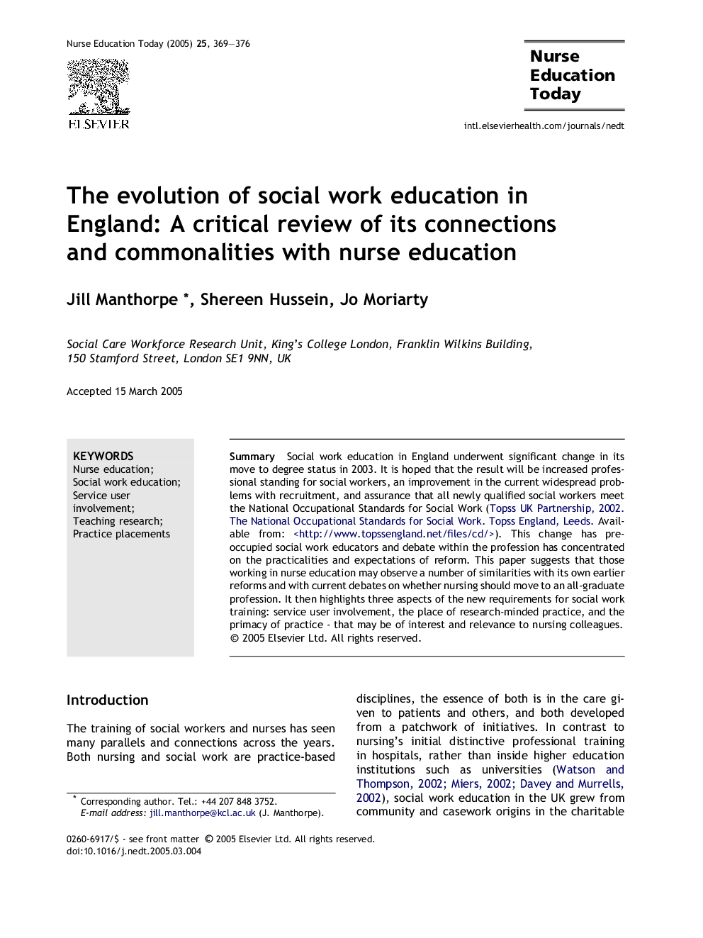 The evolution of social work education in England: A critical review of its connections and commonalities with nurse education