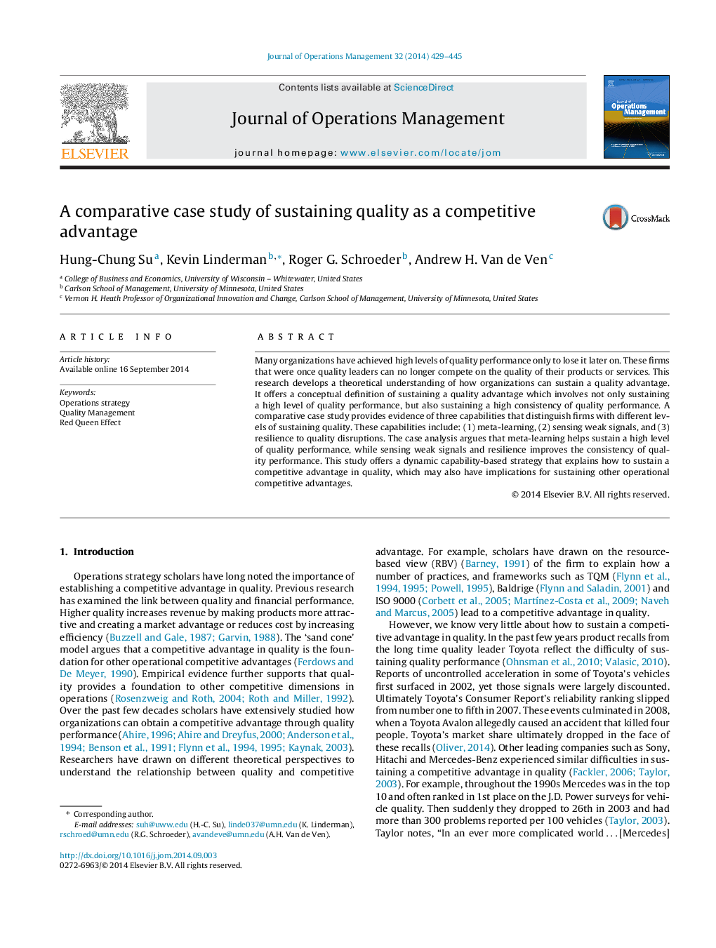 A comparative case study of sustaining quality as a competitive advantage