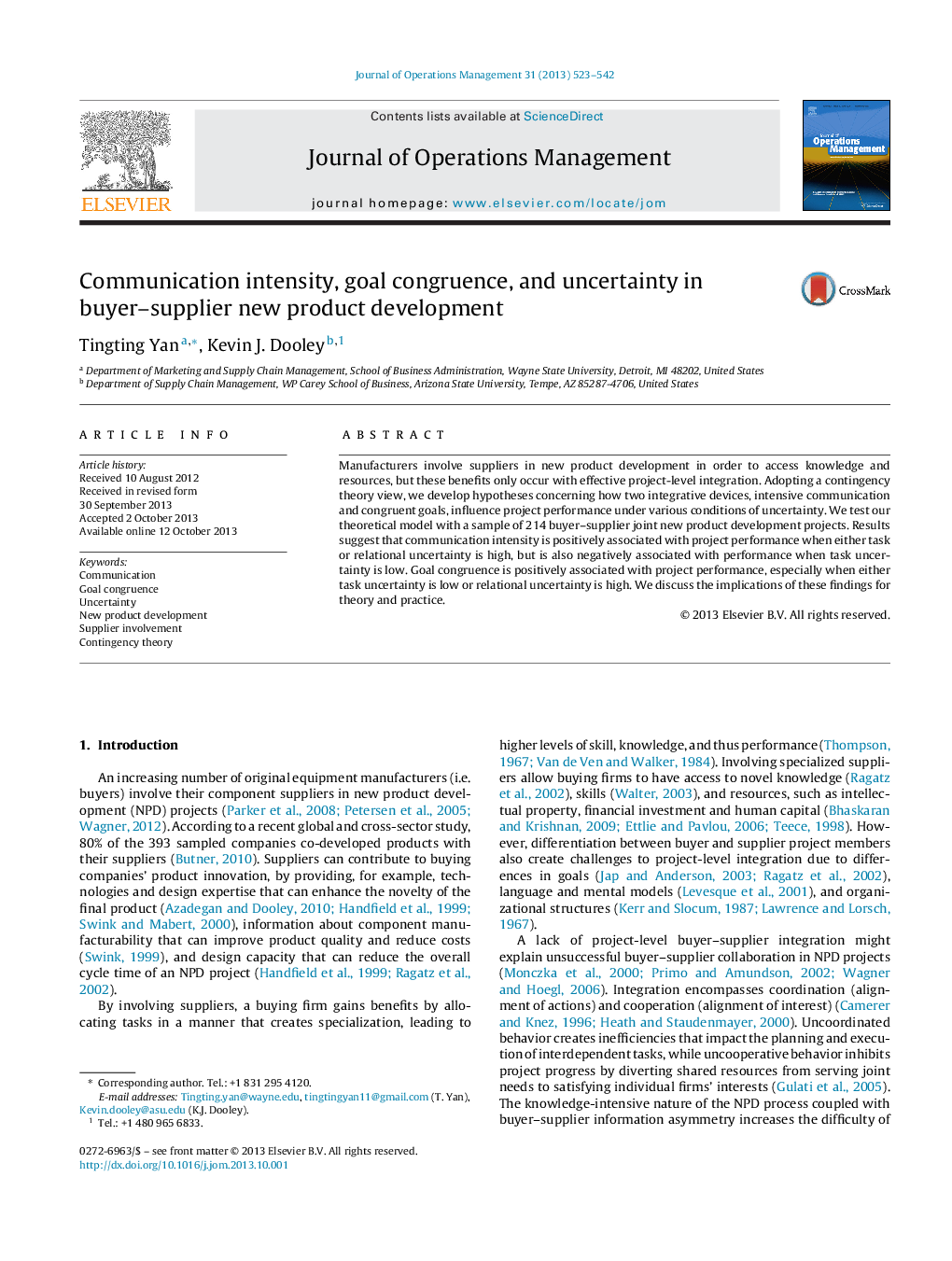 Communication intensity, goal congruence, and uncertainty in buyer–supplier new product development