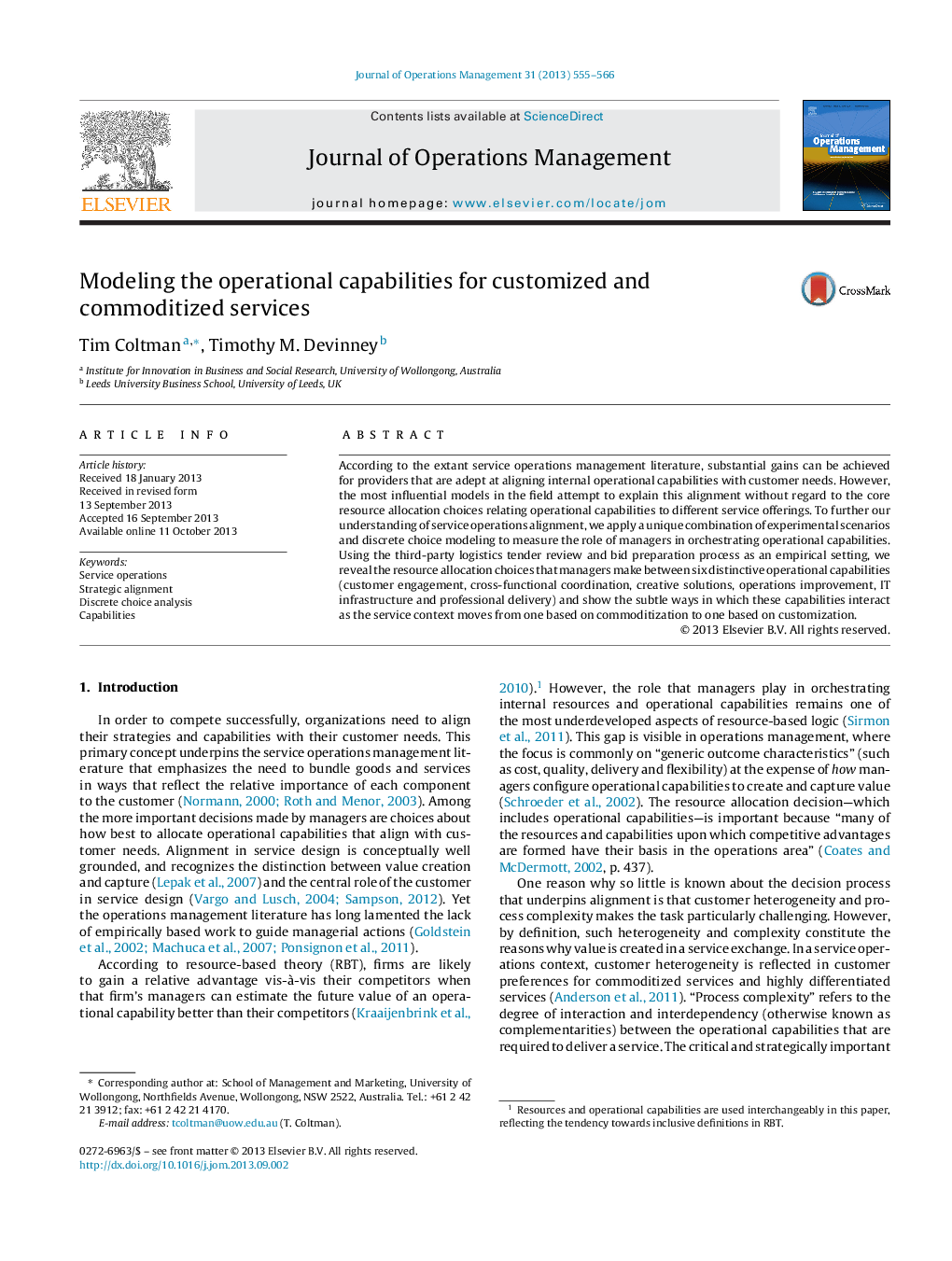 Modeling the operational capabilities for customized and commoditized services