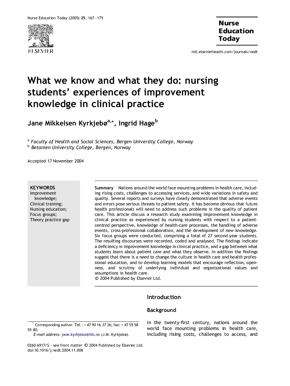 What we know and what they do: nursing students' experiences of improvement knowledge in clinical practice