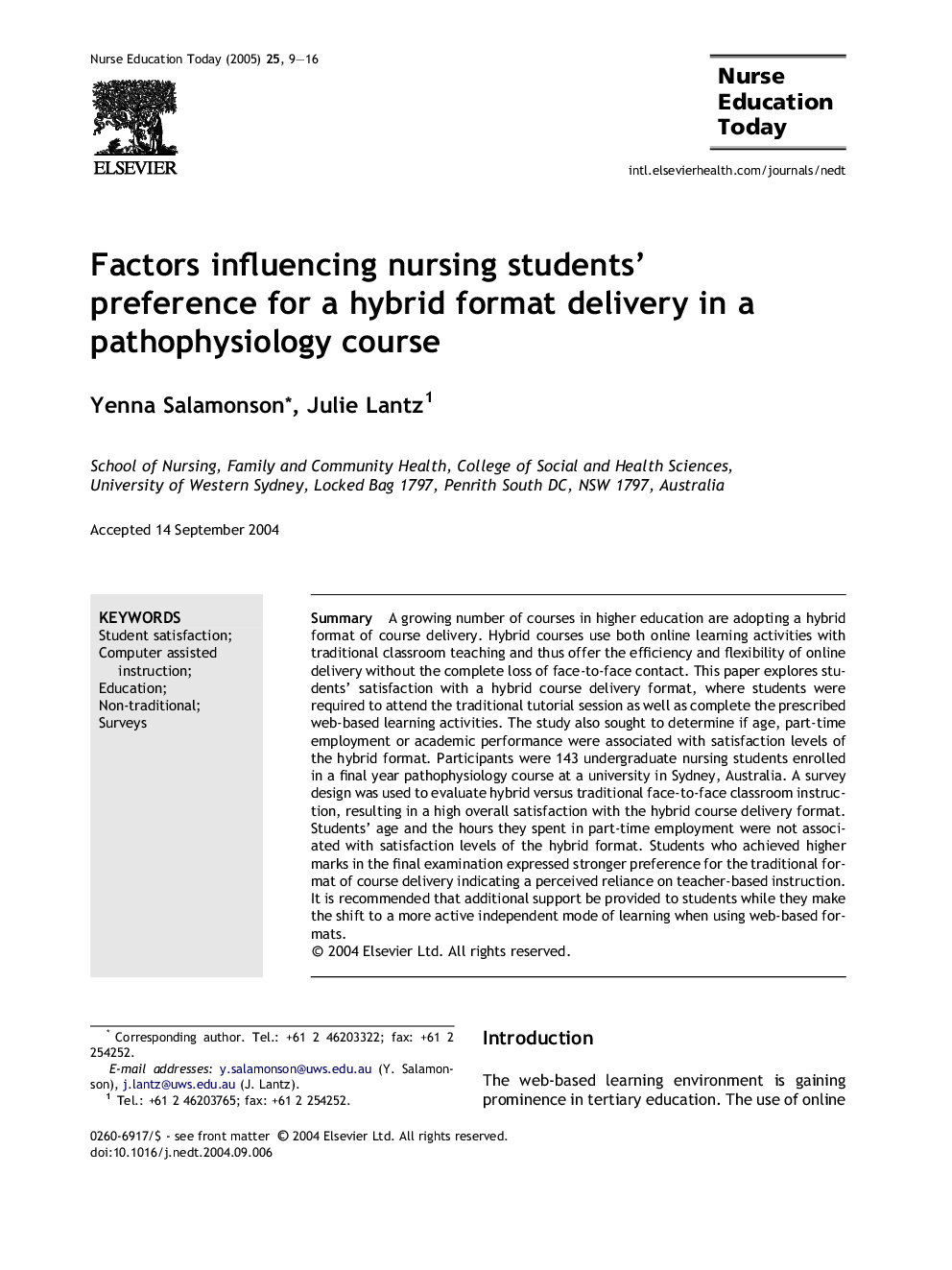 Factors influencing nursing students' preference for a hybrid format delivery in a pathophysiology course