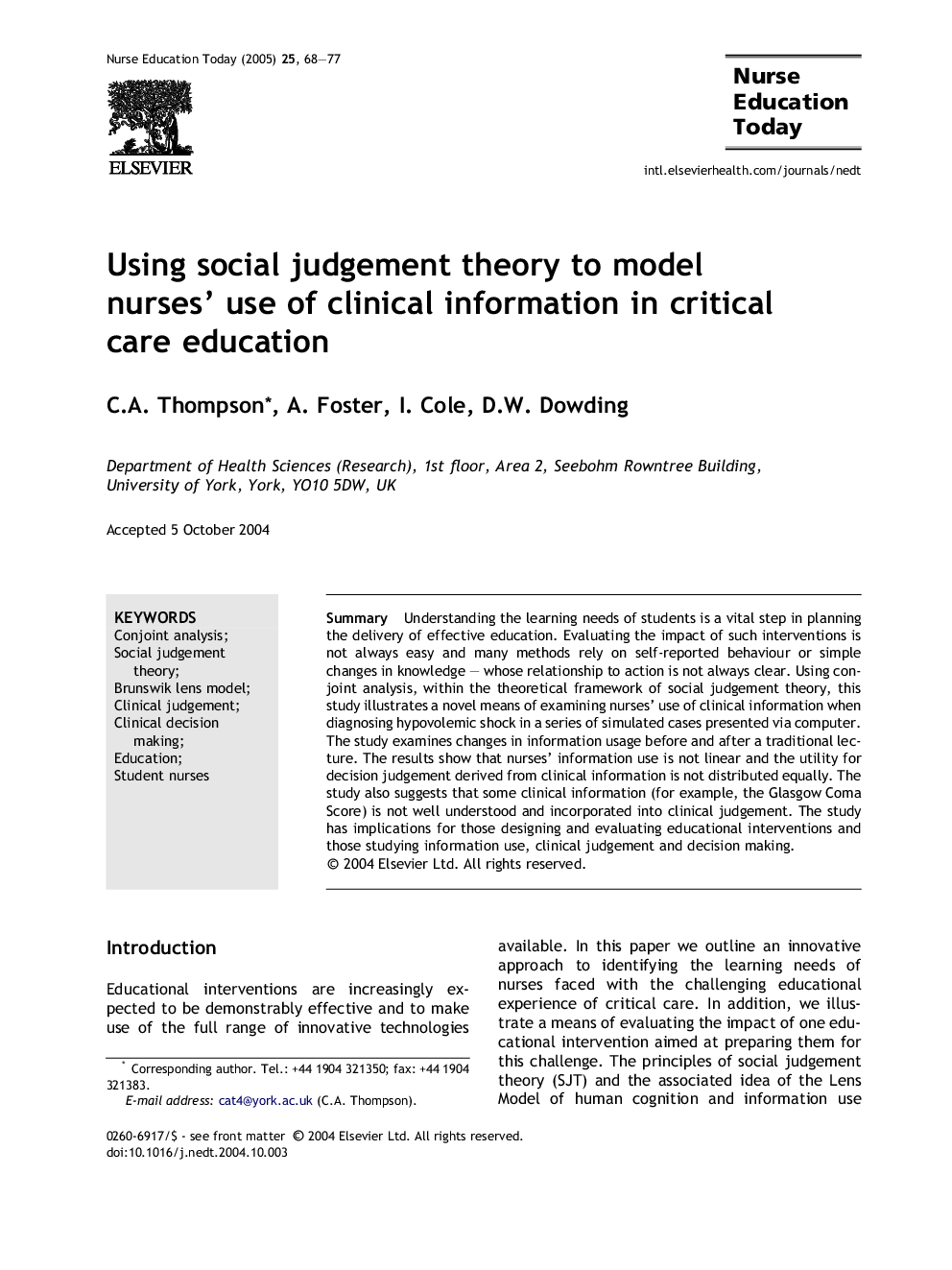 Using social judgement theory to model nurses' use of clinical information in critical care education