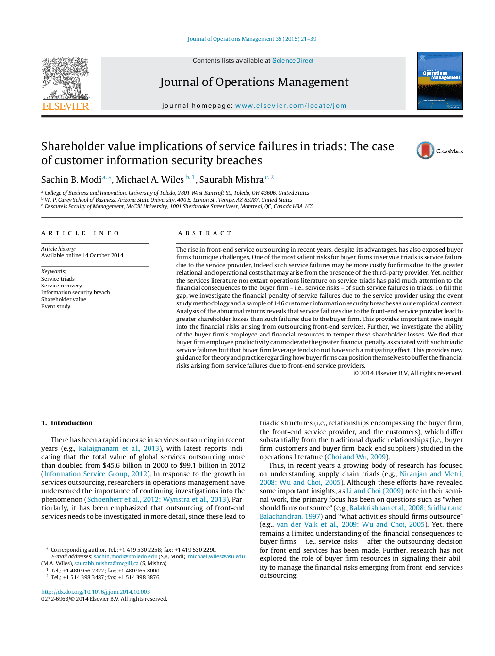 Shareholder value implications of service failures in triads: The case of customer information security breaches