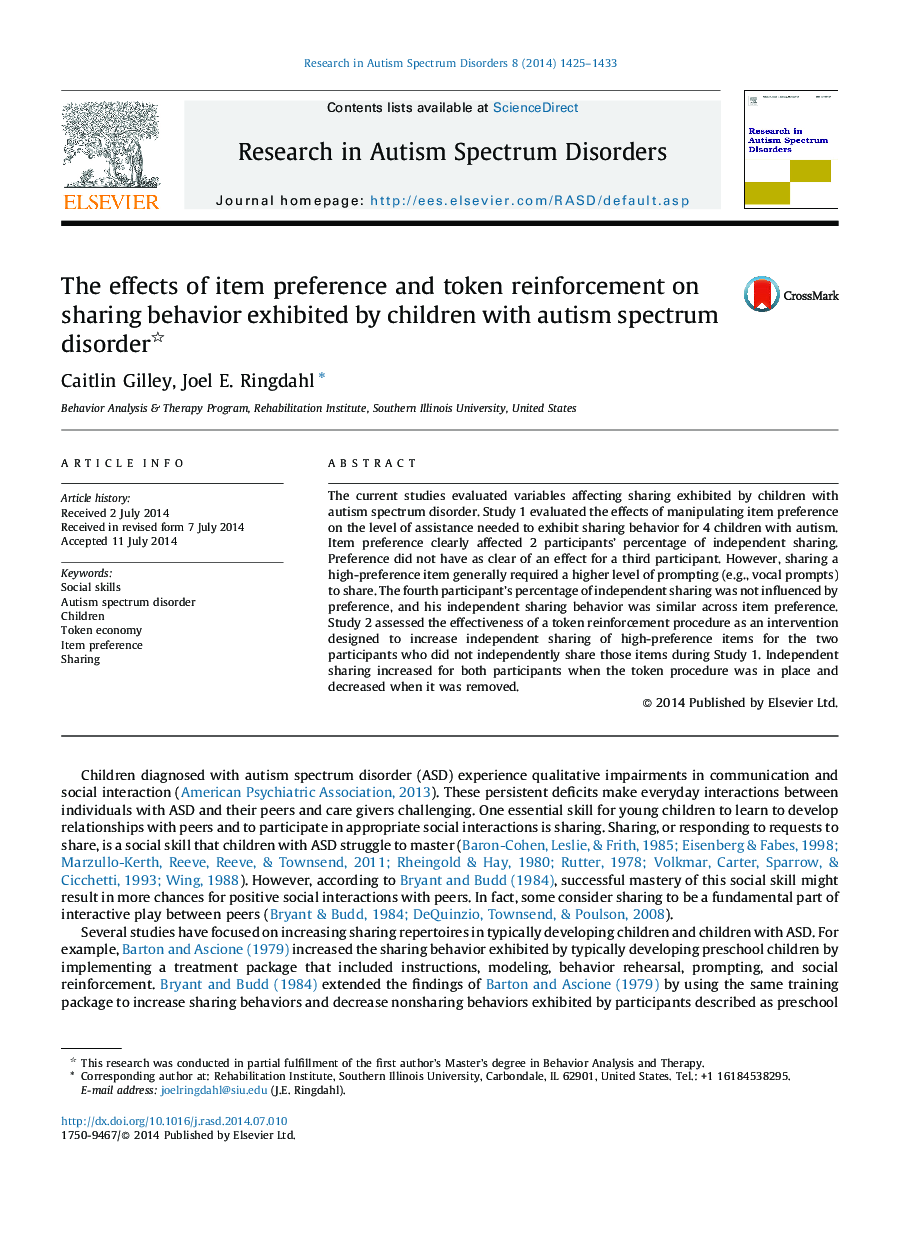 The effects of item preference and token reinforcement on sharing behavior exhibited by children with autism spectrum disorder