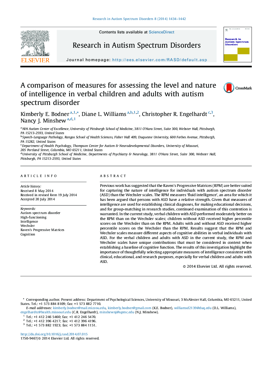 A comparison of measures for assessing the level and nature of intelligence in verbal children and adults with autism spectrum disorder