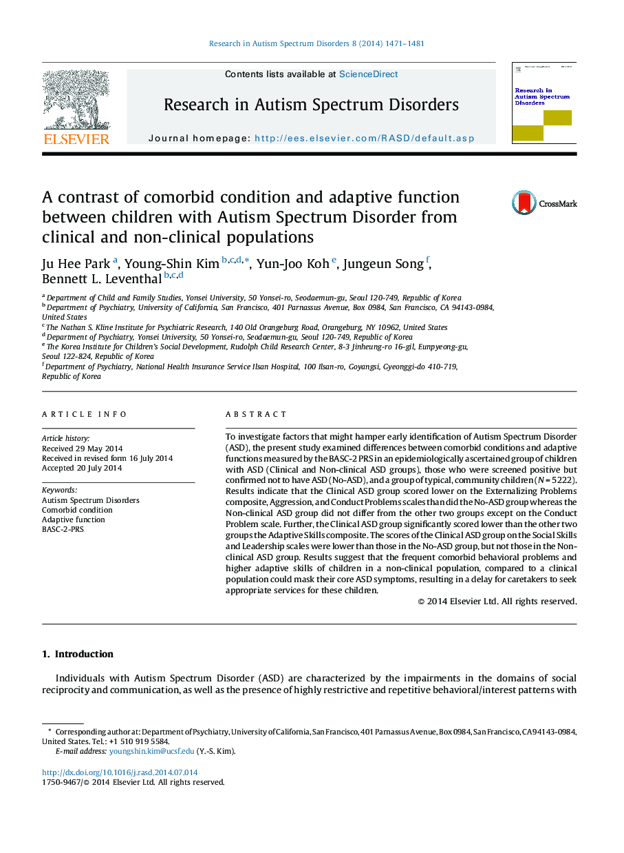 A contrast of comorbid condition and adaptive function between children with Autism Spectrum Disorder from clinical and non-clinical populations