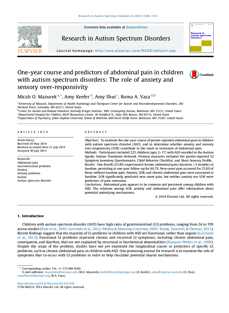 One-year course and predictors of abdominal pain in children with autism spectrum disorders: The role of anxiety and sensory over-responsivity