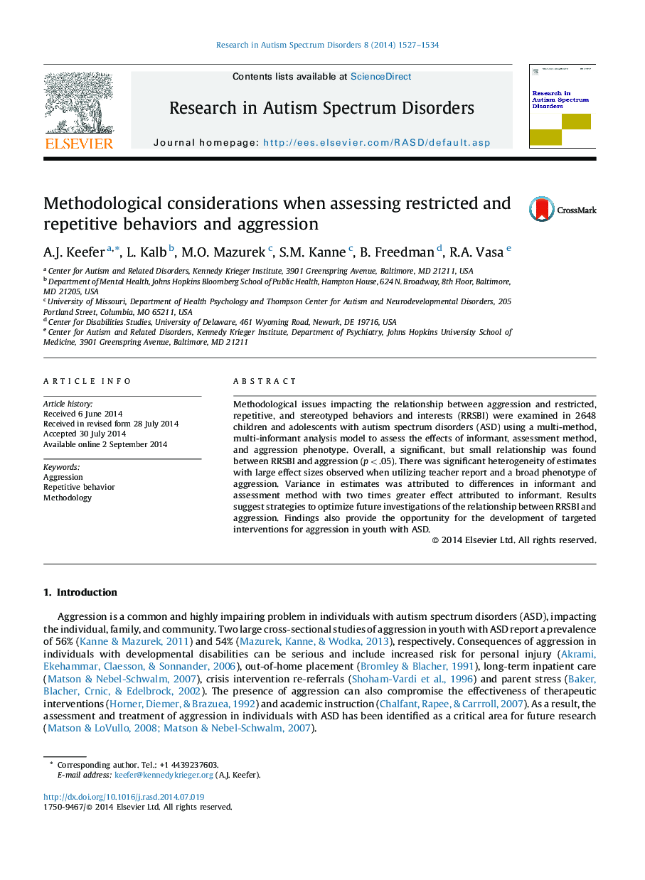 Methodological considerations when assessing restricted and repetitive behaviors and aggression