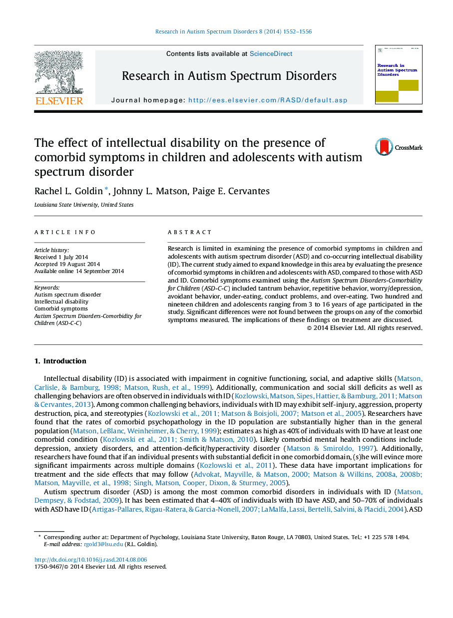 The effect of intellectual disability on the presence of comorbid symptoms in children and adolescents with autism spectrum disorder