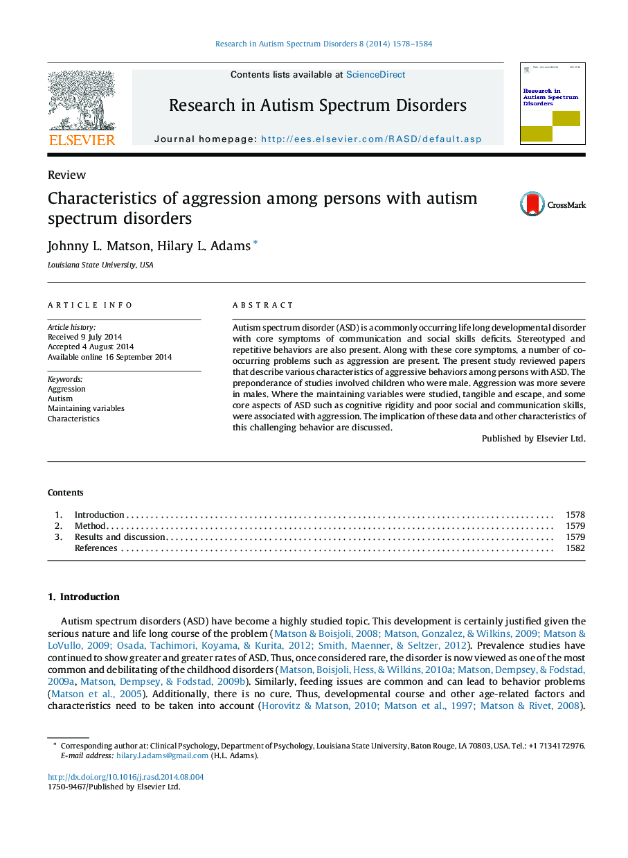 Characteristics of aggression among persons with autism spectrum disorders