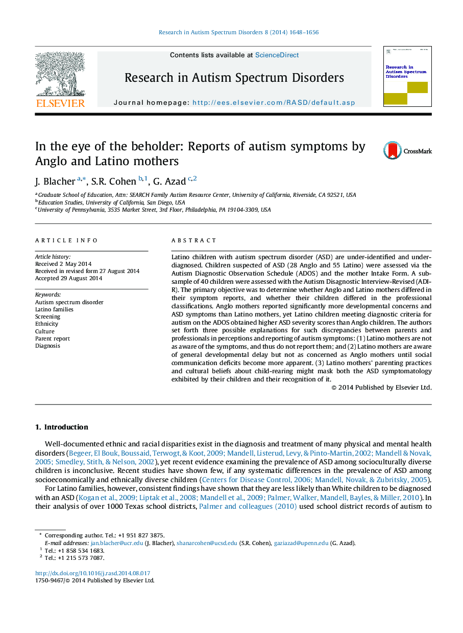 در چشم انداز: گزارش علائم اوتیسم توسط مادران آنگلو و لاتین 