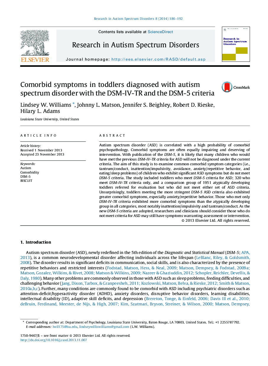 عکس صفحه اول مقاله: Comorbid symptoms in toddlers diagnosed with autism spectrum disorder with the DSM-IV-TR and the DSM-5 criteria Comorbid symptoms in toddlers diagnosed with autism spectrum disorder with the DSM-IV-TR and the DSM-5 criteria
