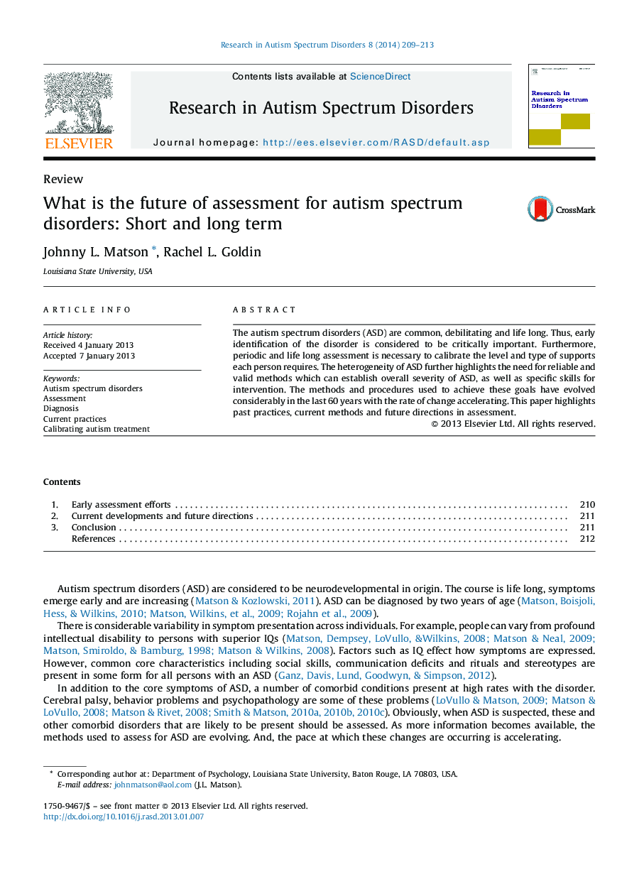 What is the future of assessment for autism spectrum disorders: Short and long term