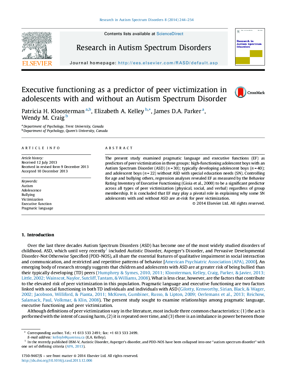 Executive functioning as a predictor of peer victimization in adolescents with and without an Autism Spectrum Disorder