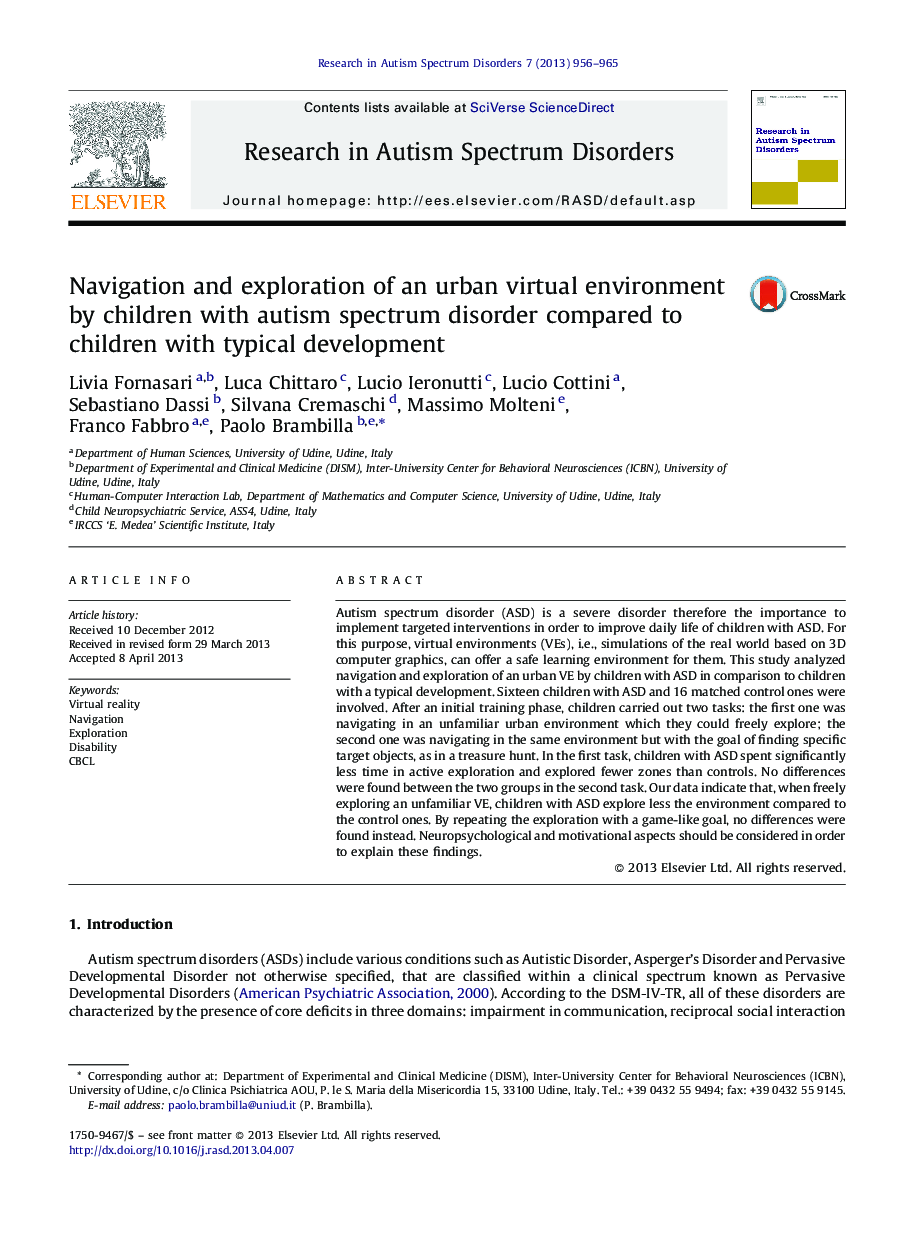 Navigation and exploration of an urban virtual environment by children with autism spectrum disorder compared to children with typical development